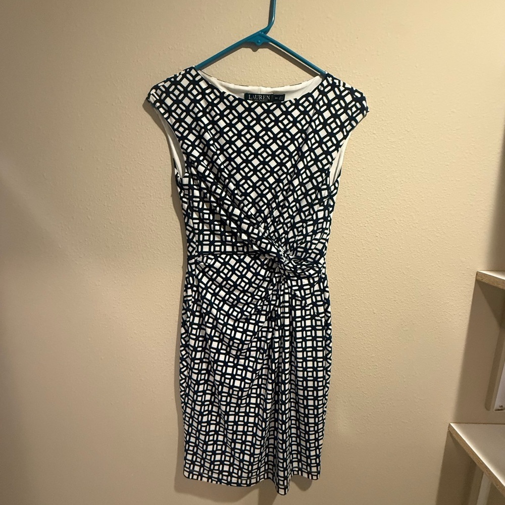 Ralph Lauren Blue and White Sheath Dress Ruched Tie Front
